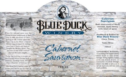 grey wine label with blue writing