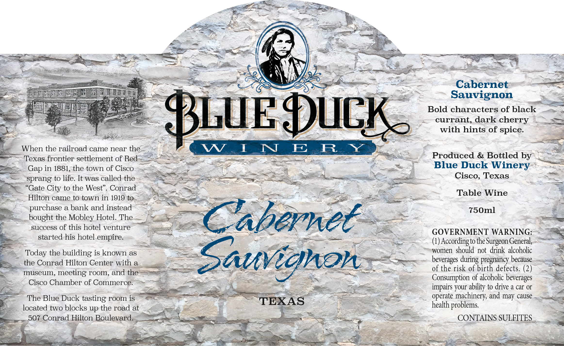 grey wine label with blue writing